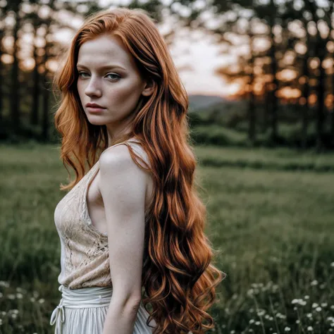 1woman in, age35, Solo, Aesthetic artwork, irish  redhead, wavy ginger hair, shoulder length ginger hair, some small freckles, pale skin, small breasts, runners body, fullbody shot, imperfect skin, goosebumps, teenager fashion, beautiful nature location, a...