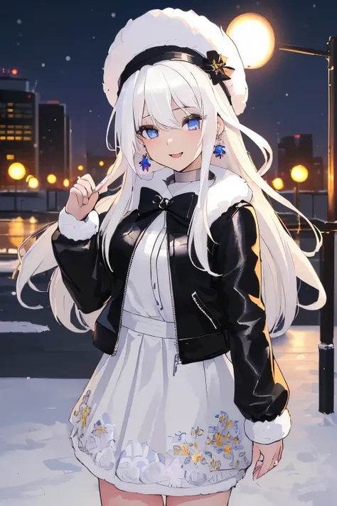 Chica anime, ((Masterpiece), top-quality, Top image quality, ((((solo)))), ((((white hair)))), long hair, hime_cut, fur hat, Beautiful blue eyes, Shining eyes, happy, teens girl, 18yo, cute, black leather jacket, floral onepiece, earrings, sunset, neon lig...