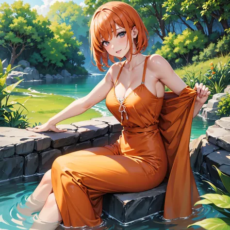 (a woman, park, sunny day, orange sundress, RAW, UHD, 8K, upper body portrait:1.1, head, highly detailed face, stunning eyes, orange short hair, back towards camera, wet clothes, vibrant colors, warm sunlight) sitting, back view