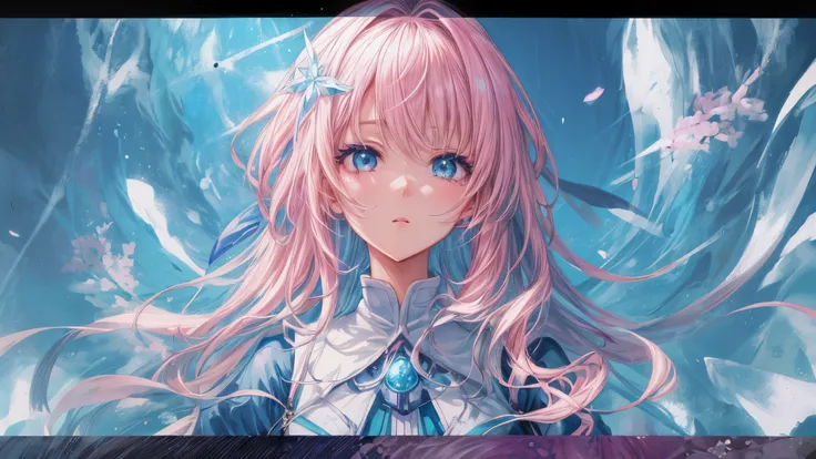 Chica anime con cabello rosado y ojos azules con un vestido azul., retrato, caballeros del zodiaco, little girl, detailed arte animado digital, hermoso retrato animado, anime girl with cosmic hair, Cabello rosado y ojos cian., estilo anime 4k, arte animado...