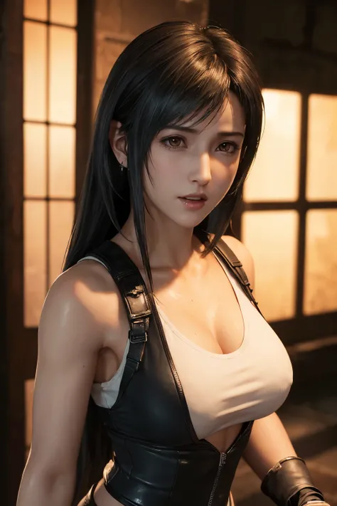 (Top Quality, Masterpiece: 1.1), (realisitic:1.3), BREAK (((FF7,Tifa_lockhart))),Ultra-detailed face, Detailed RED eyes,black Brown Hair, (Large breasts: 1.2),(A dark, old ruins:1.3,wet,dark), BREAK (((FF7,Tifa_lockhart))),(Tifa_lockhart is cop,wearing cat...