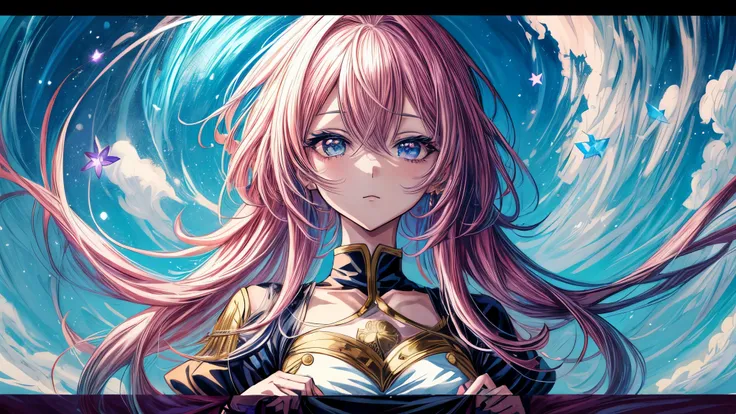 Chica anime con cabello rosado y ojos azules con un vestido azul., retrato, caballeros del zodiaco, little girl, detailed arte animado digital, hermoso retrato animado, anime girl with cosmic hair, Cabello rosado y ojos cian., estilo anime 4k, arte animado...