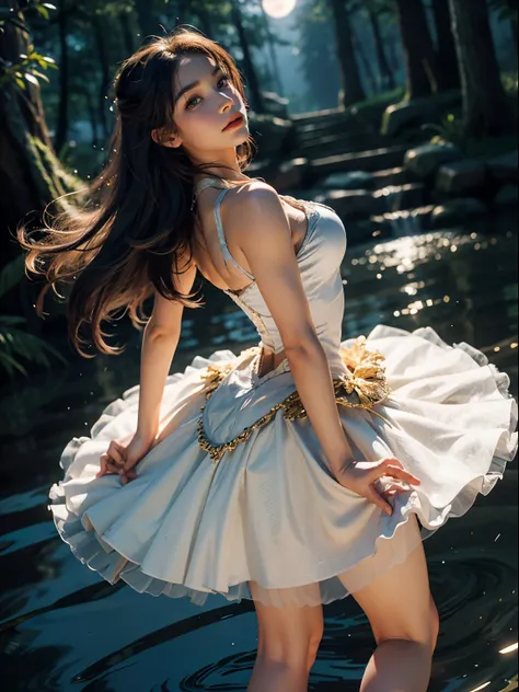 fantasy, high quality, 8K, realistic,photo realistic,RAW photo,photography,High resolution, ultra-definition, highest quality,Dramatic lighting, glitter effect, from below, midnight, moonlight, ballet、Swan Lake、Lake in the deep forest、full body、((muscular ...