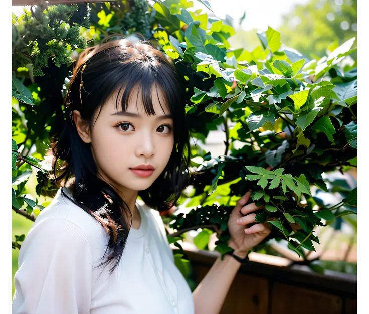 Highly realistic photo, ((masterpiece), (best quality), (raw photo), (photorealistic:1.4), Photo of a young Vietnamese girl, shoulder-length black hair, big eyes, thick eyelashes, (wearing a long-sleeved white shirt), standing next to a garden sunlight, ga...