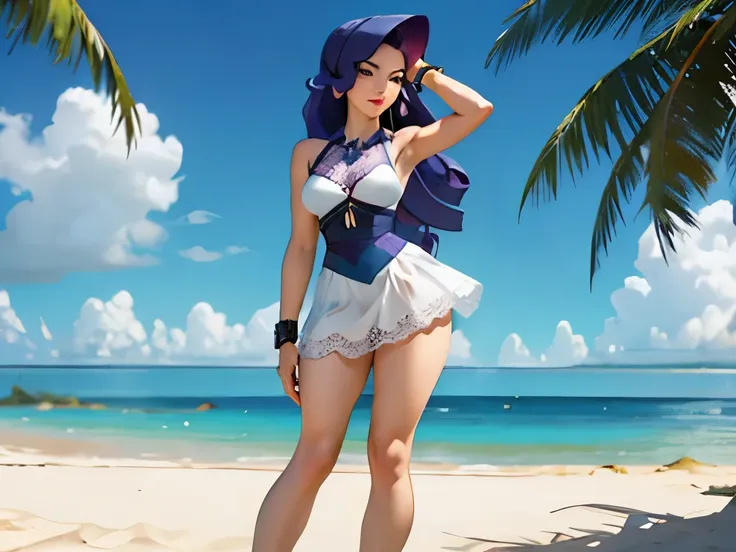 rarity from my little pony ,rarity as a girl , female body , slender body , wind blowing skirt and hairs , out door , beach in b...