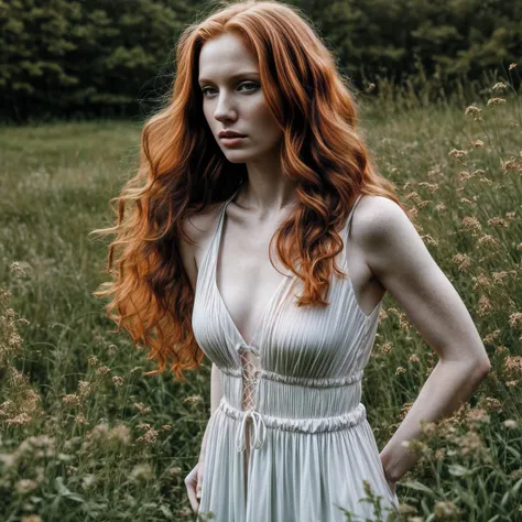 1woman in, age35, Solo, Aesthetic artwork, irish  redhead, wavy ginger hair, shoulder length ginger hair, some small freckles, pale skin, small breasts, runners body, fullbody shot, imperfect skin, goosebumps, teenager fashion, beautiful nature location, a...