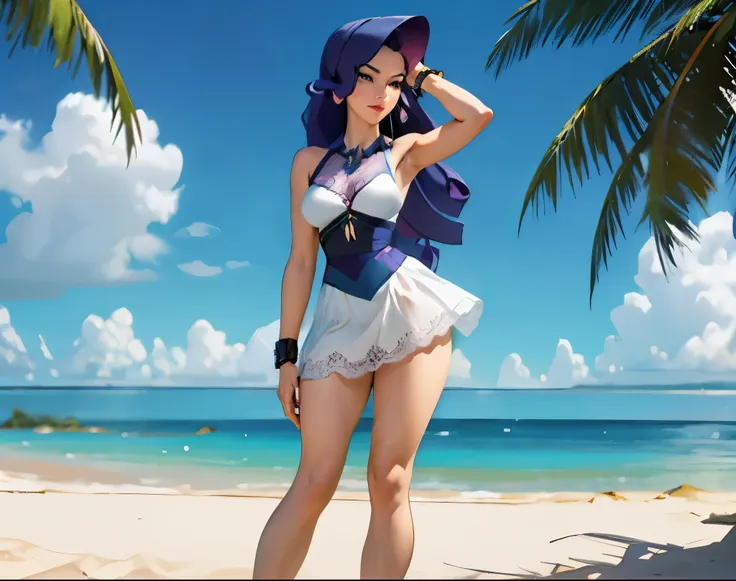 rarity from my little pony ,rarity as a girl , female body , slender body , wind blowing skirt and hairs , out door , beach in b...