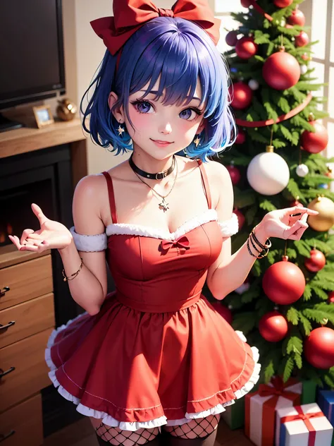 1girl, bangs, blue hair, bow, box, bracelet, christmas, christmas tree, cowboy shot, dress, earrings, fishnets, flower, gift, gift box, hair ornament, hamel, jewelry, looking at viewer, multicolored hair, necklace, pantyhose, parted lips, purple eyes, red ...