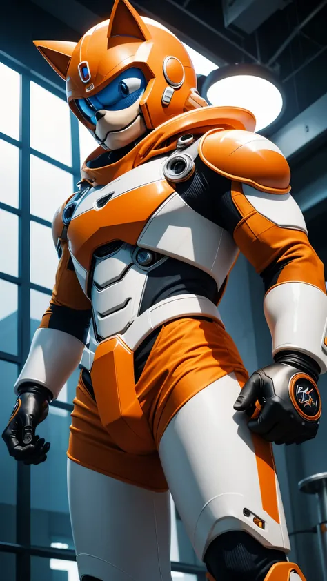 A realistic orange and white sonic ouriço in a titanium cybernetic suit, detalhado, designe perfeito, alta qualidade arestas perfeitas e simetricas  ::n_desenho de estilo, Low-quality imperfection, boneco, jogo, anime