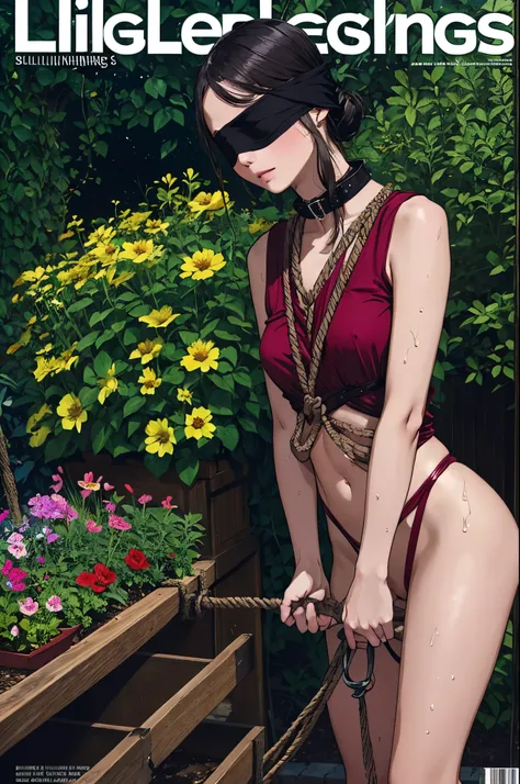 magazine cover,flower of legend,schillingshot costume,(collar, blindfold,manacles,sex slave restrained with rope),watering the f...