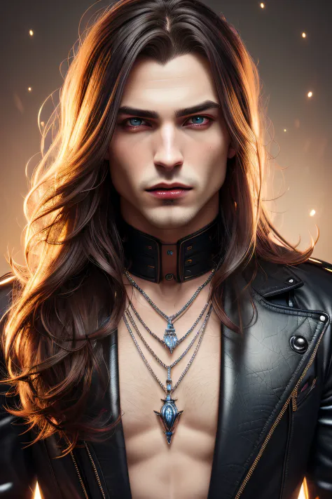 a handsome guy, seductive pose vampire (masterpiece award winning high quality:1. 2) with long and brown hair, fangs, , glossy red ligh lips, blue eyes, detailed face, full focus, highly intricate, (small silver heart pendant:0. 9), cinematic, [style by st...