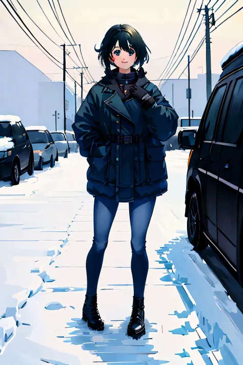 anime, winter, tiny city, Soviet panel house in the background, A lot of snow, 1 girl, young, small face, no hat, green curly hair, a lot of freckles, Large coat, Black jeans, whole body, Cold wind, No smile, Detailed face, a high resolution