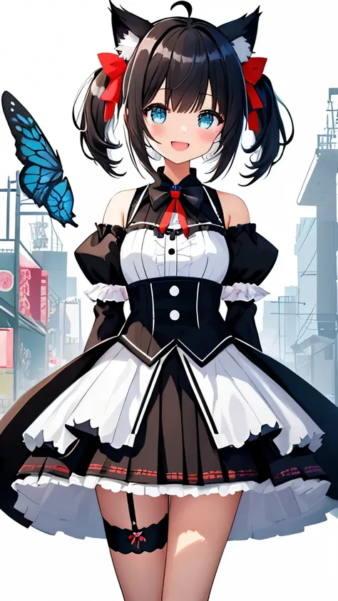 1 girl、open mouth、smile、Virtual YouTuber、girl with、((Highest image quality、High resolution、special images))、(Black hair on the right side, white hair on the left side)、twin tails、(Black cat ears)、(Ahoge)、(short hair)、(wave hair) 、 (blue eyes)、、smile、((conc...