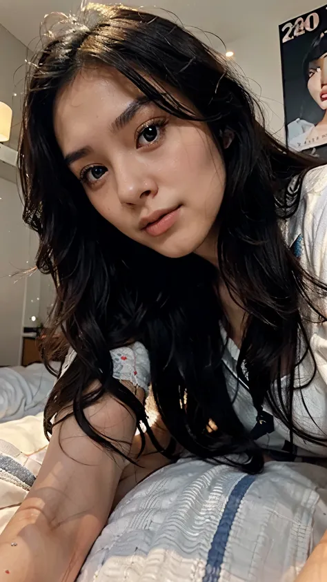 20 years old hong kong woman closeup selfie in bed, closeup face, black long hair, tidy hair, beautiful face, soft lighting, hyper realistic, symmetric eyes, dark room, sleepwear, face down