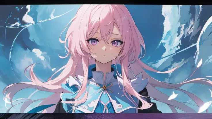 Chica anime con cabello rosado y ojos azules con un vestido azul., retrato, caballeros del zodiaco, little girl, detailed arte animado digital, hermoso retrato animado, anime girl with cosmic hair, Cabello rosado y ojos cian., estilo anime 4k, arte animado...