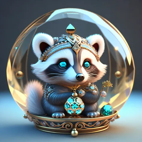 A cute crystal ball zodiac racoon embellished with various jewelry ornaments and low-poly eyes is a highly detailed and complex conceptual art craft using Artstation 8k quality.