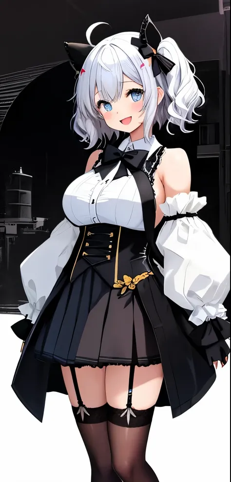 1 girl、open mouth、smile、Virtual YouTuber、girl with、((Highest image quality、High resolution、special images))、(Right black left white hair)、twin tails、(Black cat ears)、(Ahoge)、(short hair)、(wave hair) 、 (blue eyes)、、smile、((concept-art))、((View Viewer))。 )、b...