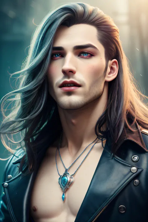 a handsome man, seductive pose vampire (masterpiece award winning high quality:1. 2) with long and brown hair, fangs, , glossy red ligh lips, blue eyes, detailed face, full focus, highly intricate, (small silver heart pendant:0. 9), cinematic, [style by st...