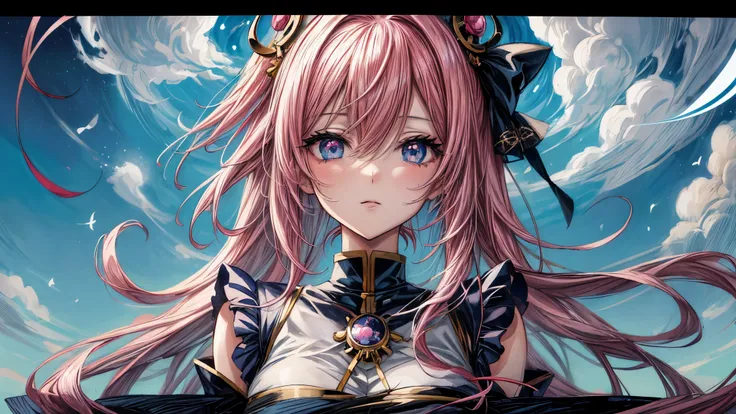 Chica anime con cabello rosado y ojos azules con un vestido azul., retrato, caballeros del zodiaco, little girl, detailed arte animado digital, hermoso retrato animado, anime girl with cosmic hair, Cabello rosado y ojos cian., estilo anime 4k, arte animado...