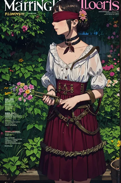 magazine cover,legendary flower,shillingshot costume,(collar, blindfold,handcuffs,sex slave),Watering flowers,Pee,sweaty skin,flower garden,pov porn