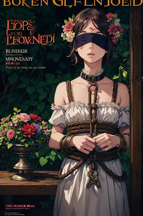 magazine cover,Flower of legend,(Collar, blindfold,manacles,sex slave restrained with rope),Watering the flowers,peeing,Sweaty skin,flower garden,gonzo pornography