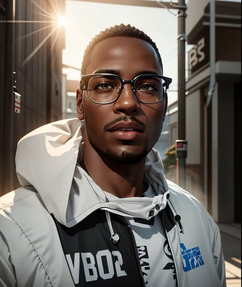 dark skinned young black man is wearing glasses and a white windbreaker hoodie, no facial hair, clean face, RAW, Masterpiece, Super Fine Photo, Ultra High Resolution, Photorealistic, Sunlight, Full Body Portrait, in the style of mecha sci-fi anime, 8k, bes...