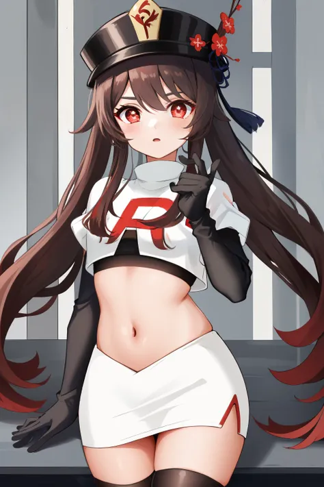 masterpiece, best quality,
1girl, hu tao (genshin impact), boo tao,hat, red eyes, twintails, brown hair, solo, symbol-shaped pupils, long hair,bangs, team rocket,team rocket uniform, red letter R, white skirt,white crop top,black thigh-highs,black elbow gl...