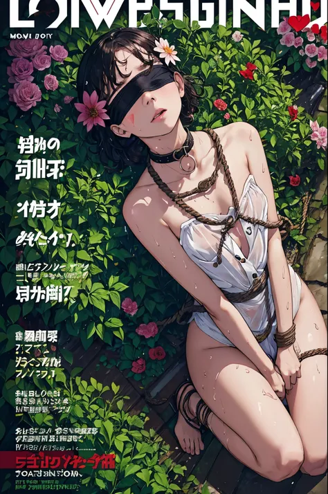 magazine cover,flower of legend,schillingshot costume,(collar, blindfold,manacles,sex slave),watering the flowers,peeing,sweaty ...