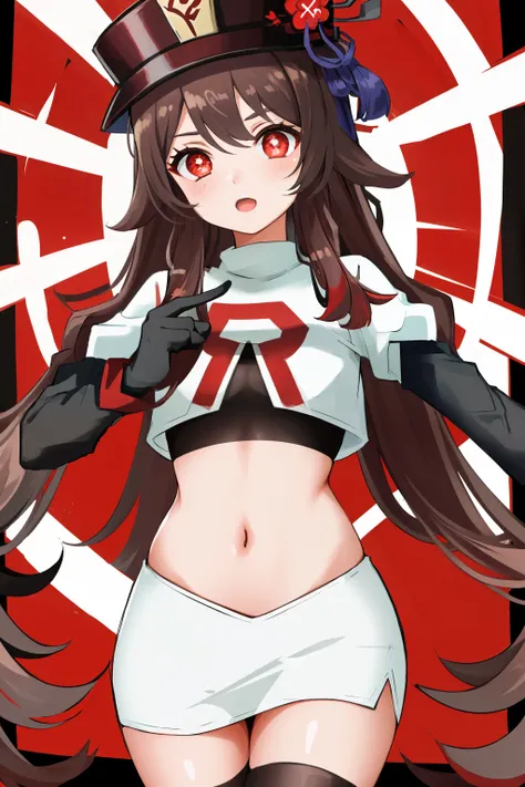 masterpiece, best quality,
1girl, hu tao (genshin impact), boo tao,hat, red eyes, twintails, brown hair, solo, symbol-shaped pupils, long hair,bangs, team rocket,team rocket uniform, red letter R, white skirt,white crop top,black thigh-highs,black elbow gl...