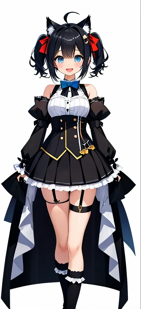 1 girl、open mouth、smile、Virtual YouTuber、girl with、((Highest image quality、High resolution、special images))、(black hair)、twin tails、(Black cat ears)、(Ahoge)、(short hair)、(wave hair) 、 (blue eyes)、、smile、((concept-art))、((View Viewer))。 )、black ribbon、A bow...