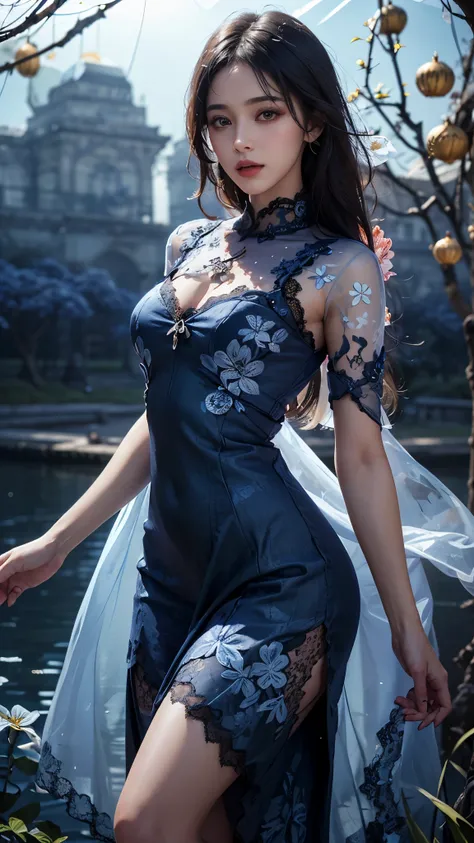 1 girl, good face, ultra long hair, detailed eyes, detailed lips, medium breasts, (indigo coutfit:1.5), (translucent lace:1.5), (ornament:1.5), (floral dress :1.5), bare waist, Take photos by the lake, ultra-realistic realism, color field printing, high de...