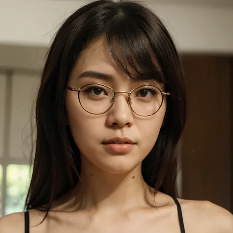 A close-up of a woman in a beige tank top and glasses on her face, Asian girl fashion, kpop, cabelo ondulado com franja, lalisa manobal, Kim doyoung, jiyoung shin, jaeyeon Nam, young adorable asian face, o corte Hime , estacionar partir de-mim, franja fofa...