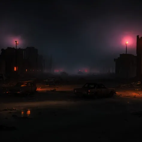 Desert city in ruins, shrouded in thick fog and debris, with abandoned cars and traces of destruction. Zombies roam the empty streets, and the red sky creates an atmosphere of chaos and despair..