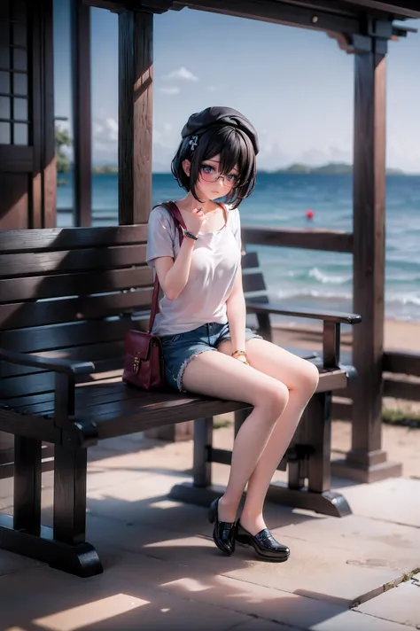 masterpiece, best quality, 1girl, beach, sitting on a beach towel, short hair, glasses, t-shirt, shorts, cap, blush, summer, soda can, bag