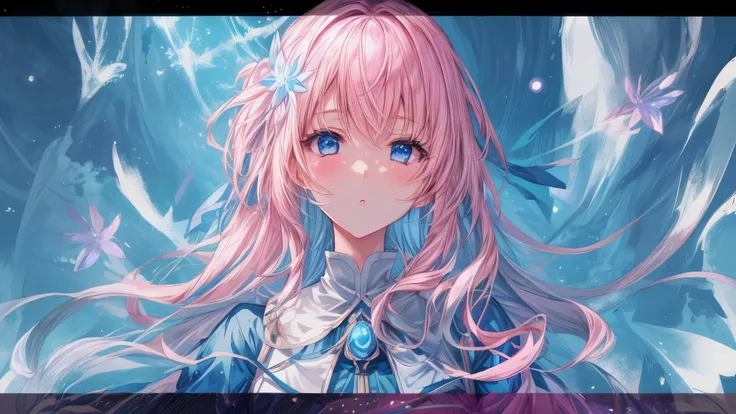 Chica anime con cabello rosado y ojos azules con un vestido azul., retrato, caballeros del zodiaco, little girl, detailed arte animado digital, hermoso retrato animado, anime girl with cosmic hair, Cabello rosado y ojos cian., estilo anime 4k, arte animado...