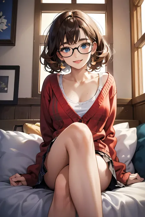 (High resolution: 1.4), 1girl --s2 (ultra-detailed, young, petite build), sitting, crossed legs, wearing a red cardigan over a white blouse and plaid miniskirt, glasses on nose, freckles on cheeks, rosy lips parted in a smile, curly brown hair cascading ov...