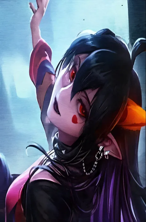 garota anime com chifres e olhos vermelhos em um quarto escuro, beautiful together, artgerm detalhado, morrigan, together, muito quente, together in tight short dress, portrait of Ahri, retrato de azar de arcano, vampire of clan lasombra, Astri Lohne, Ahri...