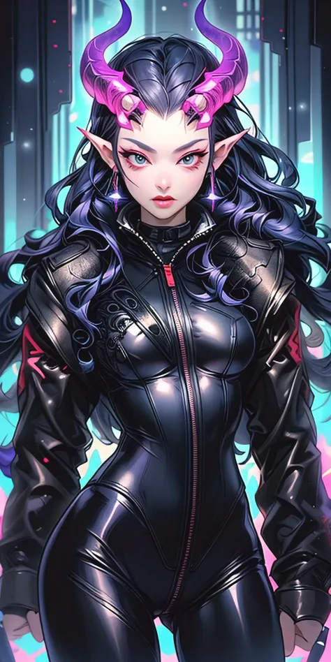 Superbly attractive demon girl, rainbow, slim thick build waifu, leather jacket, leather pants, hyper-feminine curves, futuristic ornaments, intergalactic scifi themed, hyperdetailed futuristic alien city, in style of digital vector art, eye-catching compo...