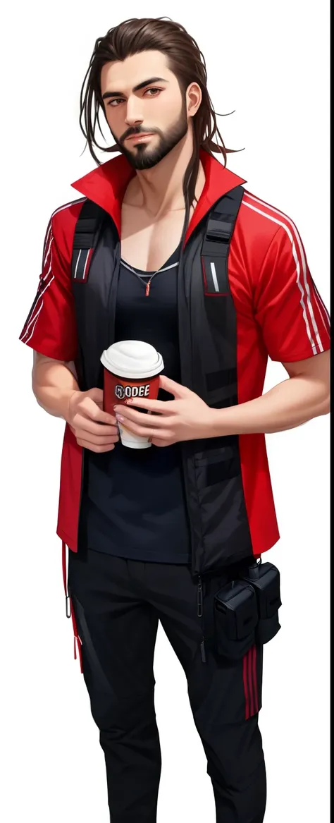 arafed man with a beard and a red shirt holding a cup of coffee, holding hot sauce, full body potrait holding bottle, upper body portrait, half body portrait, holding a tankard of ale, photograph of a techwear woman, fully body portrait, androgynous person...