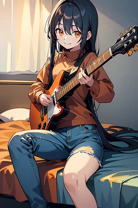 (8K Ultra High-Quality) (Masterpieces) (Image) (人物: Rimuru) 1 Girl 17years old, Long Black hair, Orange eyes colors, wearing Red sweater, wearing long Jean, playing red electric guitar, background in bedroom, sitting on bed playing guitar, Girl smile looki...