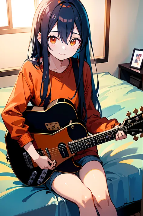 (8K Ultra High-Quality) (Masterpieces) (Image) (人物: Rimuru) 1 Girl 17years old, Long Black hair, Orange eyes colors, wearing Red sweater, wearing long Jean, playing red electric guitar, background in bedroom, sitting on bed playing guitar, Girl smile looki...