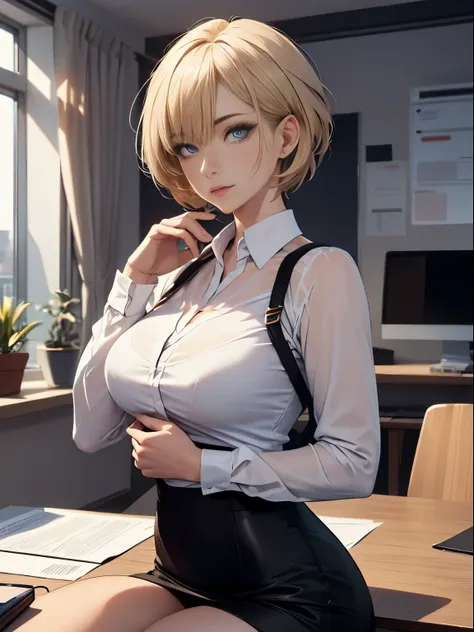 High resolution, 4K resolution, face enchantment, (detailed eyes), highest quality. Facial expression of an elegant and attractive 38 year old woman.。, Exude confidence and professionalism in the office environment, long blonde hair, ((handsome short hair:...