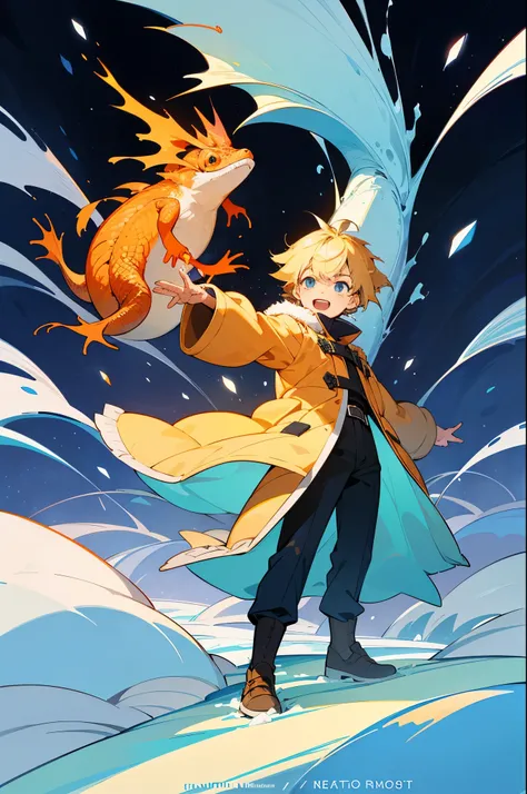 a children novel cover, a 9 year old boy, brave and excited, ruffled blond hair, wearing winter coat, the boy is standing beside a flaming salamander, frosty landscape background, icy environment, falling snow, kid illustration, vector art, cartoony art, l...