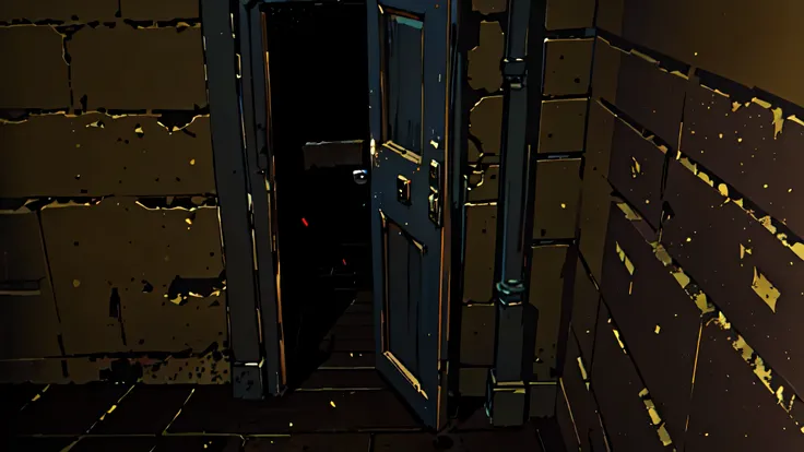 Image showing a half-open door leading to a completely dark basement and a gloomy atmosphere with a ray of light appearing