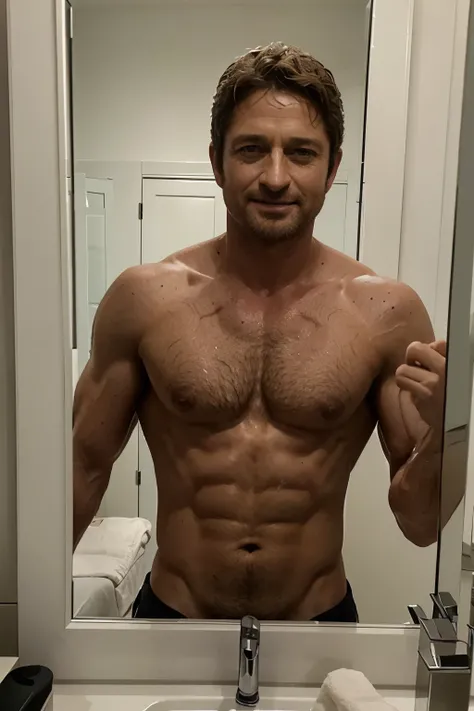 gerard butler mirror SEFIE  shirtless smiling