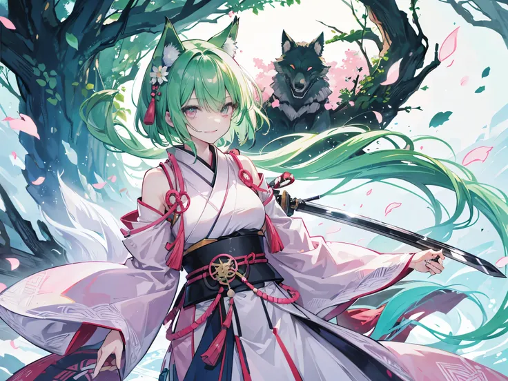 20th generation men、green hair、wolf cut、pink eyes、One eye is hidden by bangs、Holding a sword、Japanese clothing