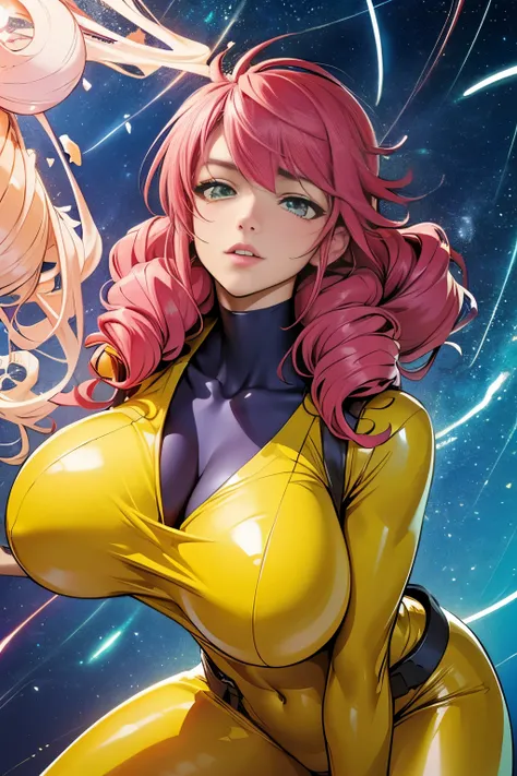 (masterpiece, top quality), (medium),official art, beautiful and aesthetic:1.2),(feldt:1.3), (fractal art:1.3), gundam00, pink hair, ((yellow bodysuit)), from side, (slendered abs:1.2), looking at viewer,(((starry sky))), stars in the background,((black gl...