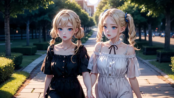 absurderes, (独奏:1.5,)ultra-detailliert,extremely beautiful detailed anime face and eyes,(photo of a girl in full length), (Blonde hair with short twin tails:1.3), Shiny hair, Delicate beautiful face, red blush、(Deep Blue Eyes:1.3), White skin, hair clips,(...