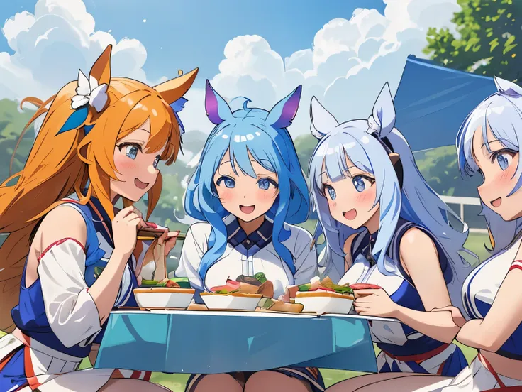 **Frame 2:**
[image: A group of close friends, the horse girls, are laughing happily.]
Uma Musume B: 「hello、A-chan！Let&#39;s go to lunch together！」
