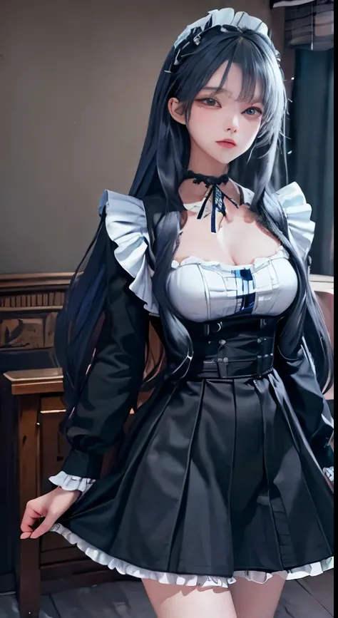 ((masterpiece)), ((highest quality)), ((High resolution)), ((detailed background)), ((Highly detailed CG Unity 8K wallpaper)), alone, black random hair, long hair, blue eyes, Hair Tuft, cowboy shot, bedroom, ((Maid clothes))